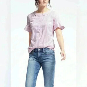 Banana Republic Pink Striped Ruffle Sleeve Top Size M- A33
